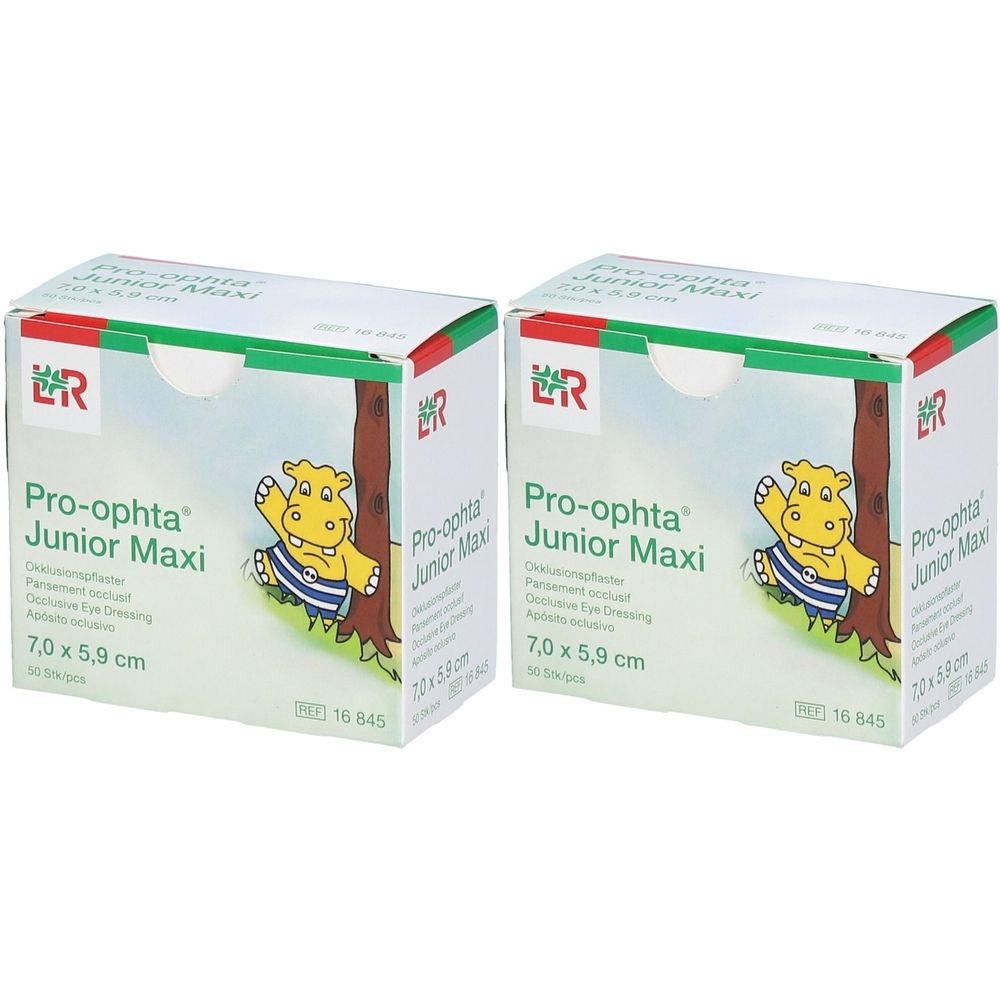 Zwei Kartons Pro-ophta Junior Maxi. Aufdruck: 7,0 x 5,9 cm. Mit Logo und Illustration eines Nilpferds. Grün-weißes Design.