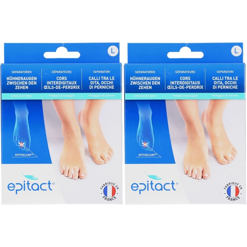 Zwei Packungen Epitact® Separatoren. Blaue Verpackung mit Füßen, Produktnamen und Text in Deutsch, Französisch und Italienisch. Hergestellt in Frankreich.