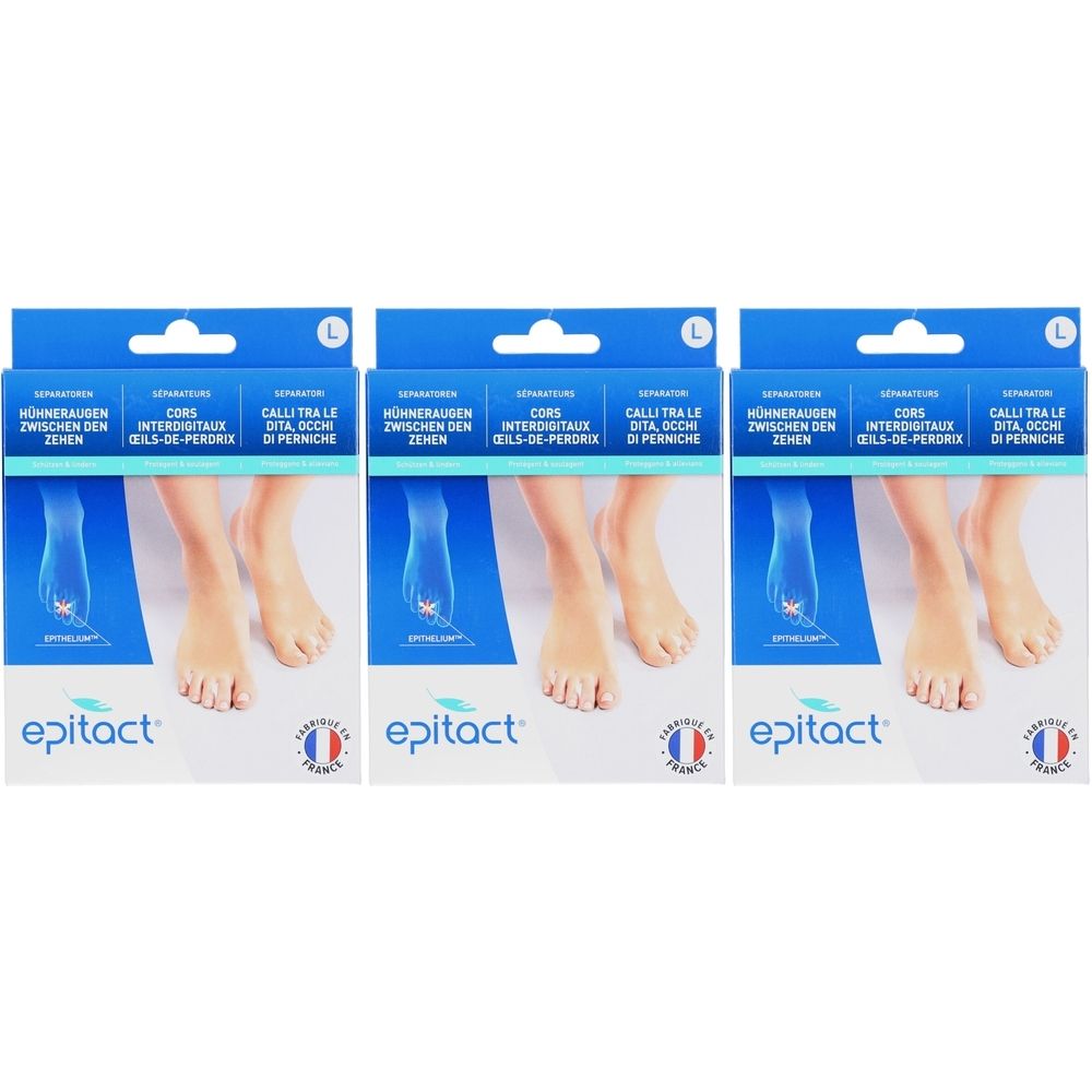 Drei Packungen Epitact® Separatoren L. Blaue und weiße Verpackung mit Füßen und Produktnamen. Französisches Qualitätssiegel.