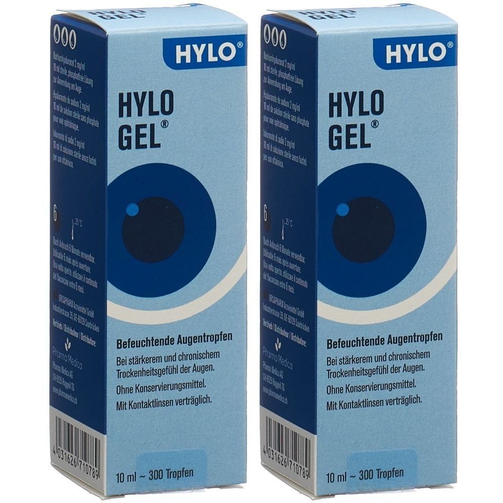 Zwei blaue Faltschachteln mit "HYLO GEL"-Aufdruck. Text: Befeuchtende Augentropfen. 10 ml - 300 Tropfen. Logo: blaues Auge.