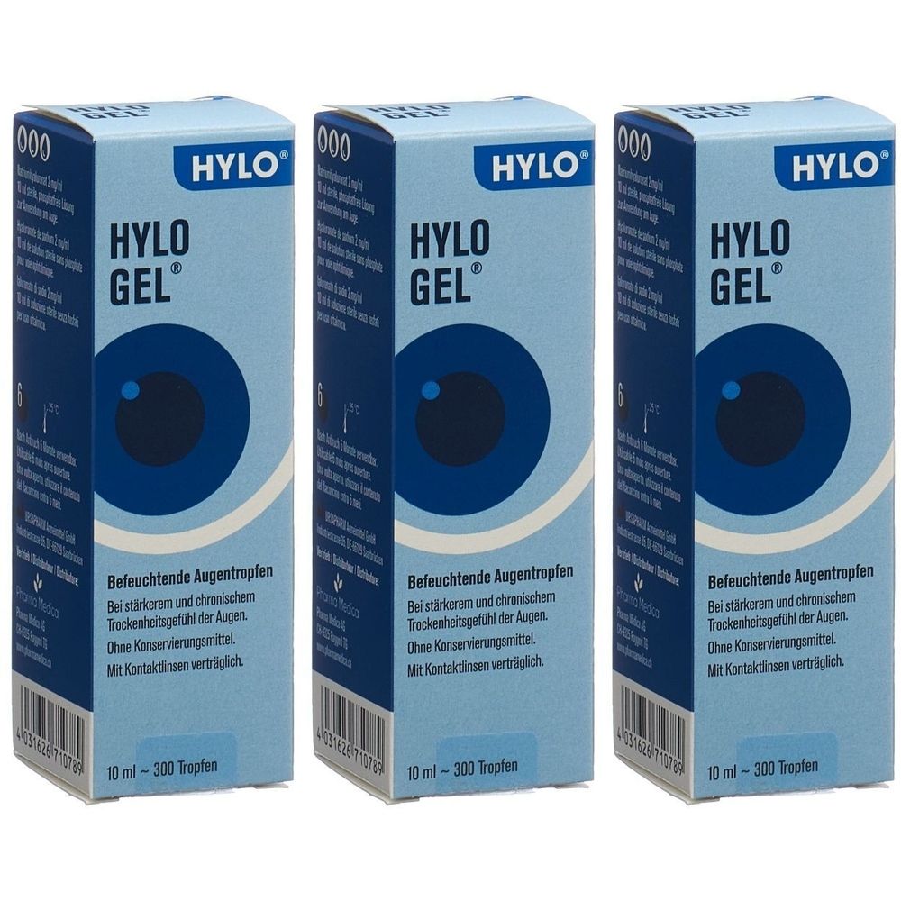 Drei Schachteln HYLO GEL Augentropfen. Blaue Verpackung mit Augen-Illustration. Text: HYLO GEL, Befeuchtende Augentropfen. 10 ml.