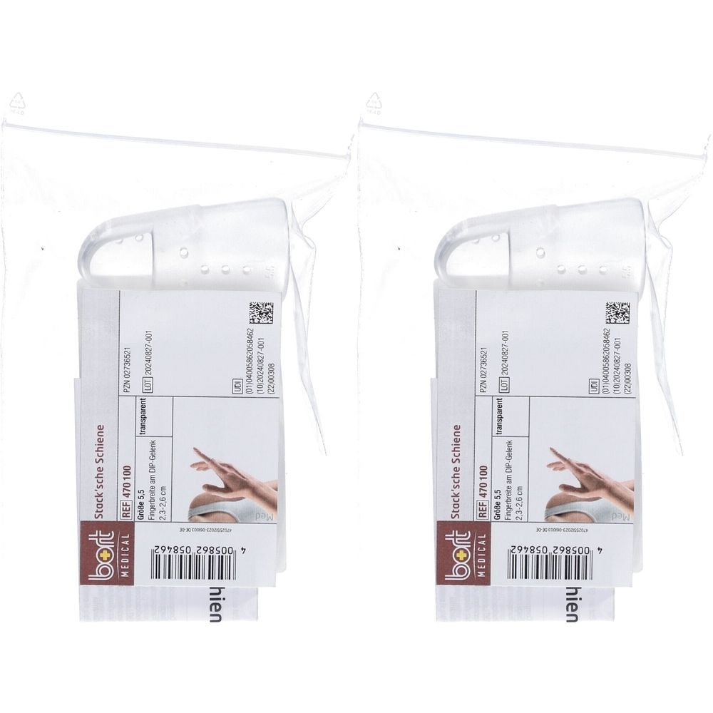 Zwei Bort Stack'sche Schiene in transparenter Verpackung. Auf der Verpackung sind Produktinformationen und das Logo von Bort Medical zu sehen.