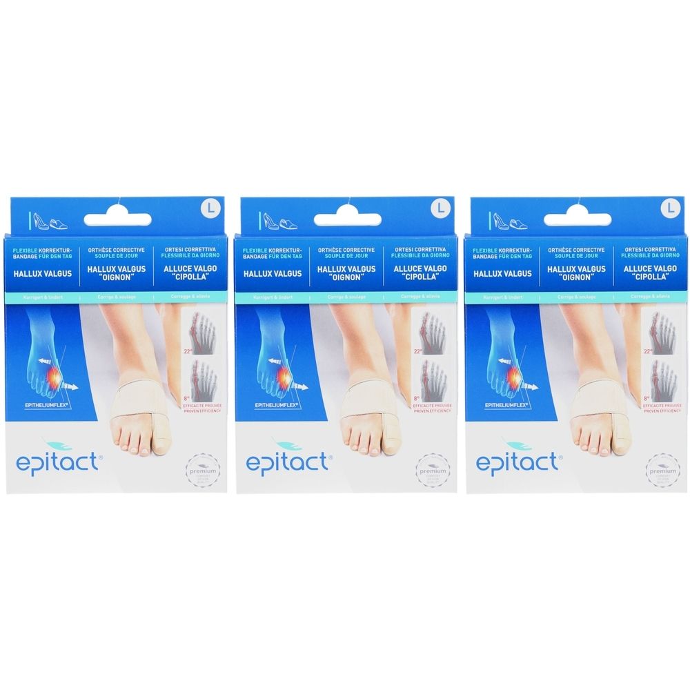 Trois boîtes de bandage correcteur Epitact® Hallux Valgus. Chaque boîte montre un modèle de pied avec bandage. Emballage bleu et blanc avec nom du produit.