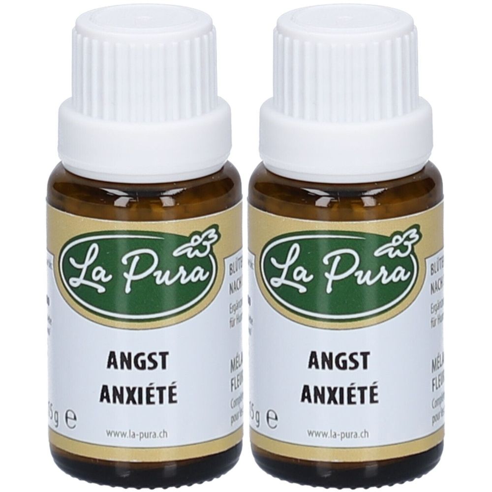 Deux flacons avec bouchons blancs. Inscription : La Pura, Angst, Anxiété. Flacons en verre brun avec étiquette.