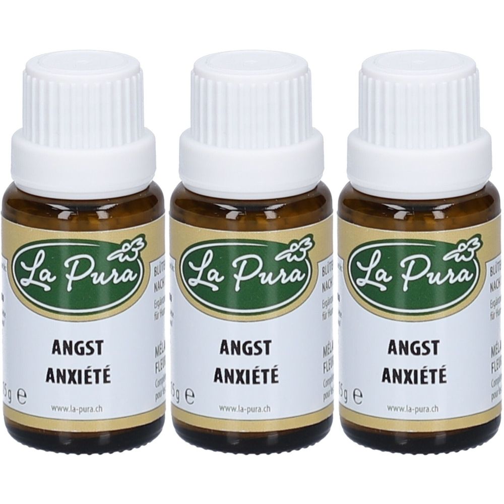 Trois flacons en verre brun avec des bouchons blancs. Inscription : La Pura, Angst, Anxiété.