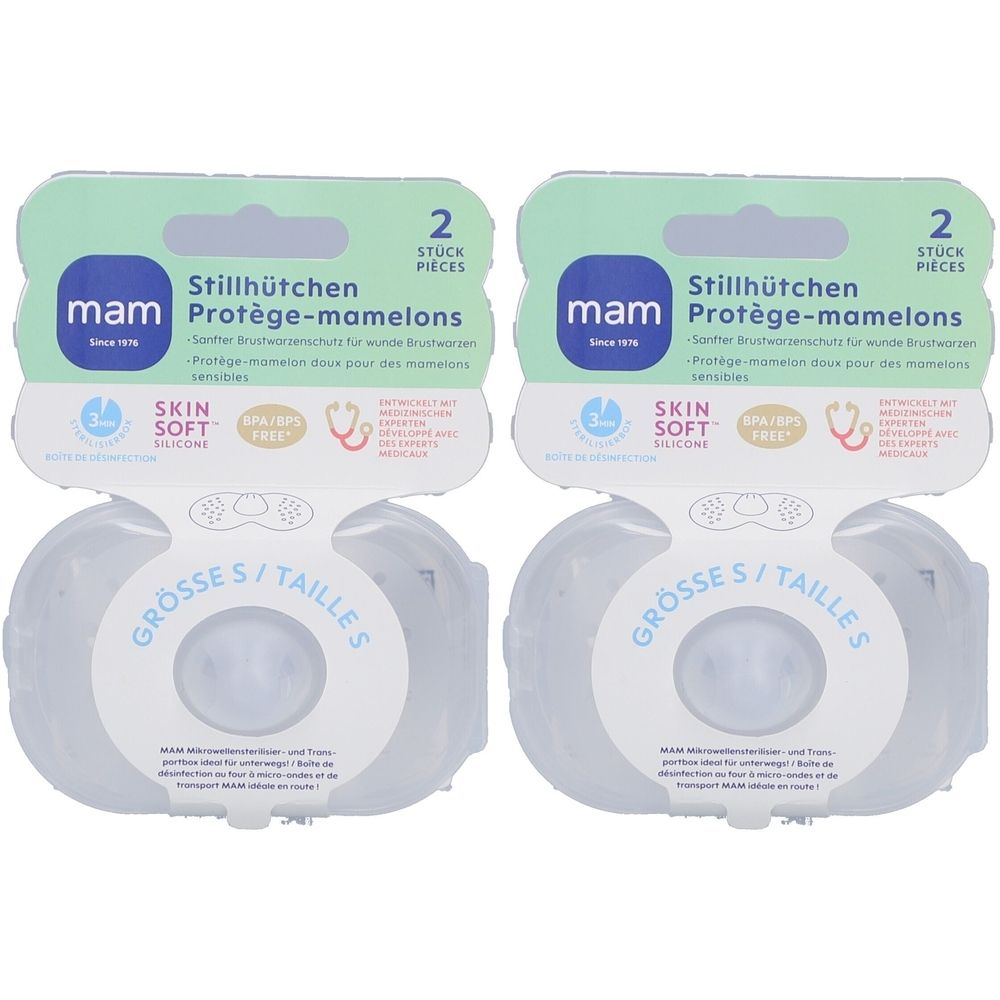Deux boîtes de protège-mamelons Mam taille S. Chaque boîte contient deux pièces. Emballage avec nom du produit, taille et logo.