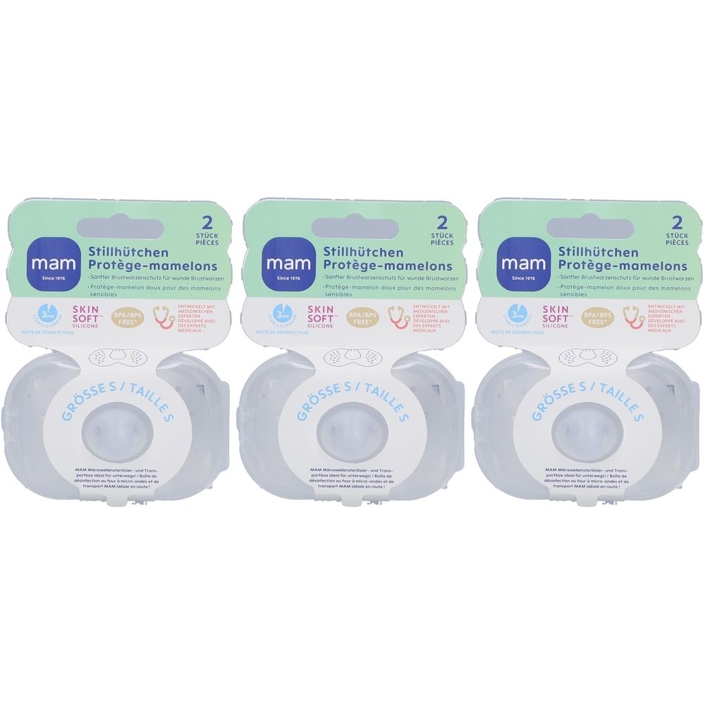 Trois boîtes de protège-mamelons, deux pièces chacune. Emballage avec nom du produit, marque MAM et taille.