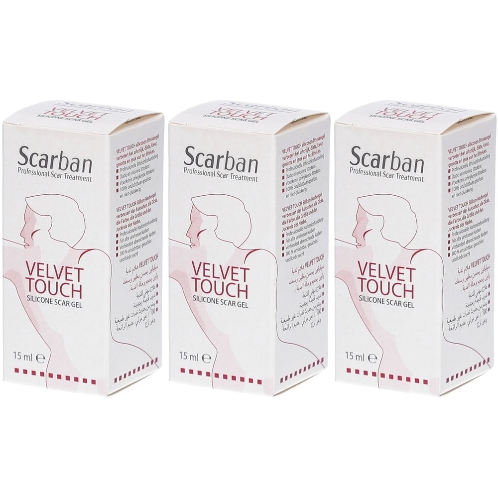 Trois boîtes de Scarban Velvet Touch gel de silicone. Emballage blanc avec nom du produit, illustration et texte. 15 ml.