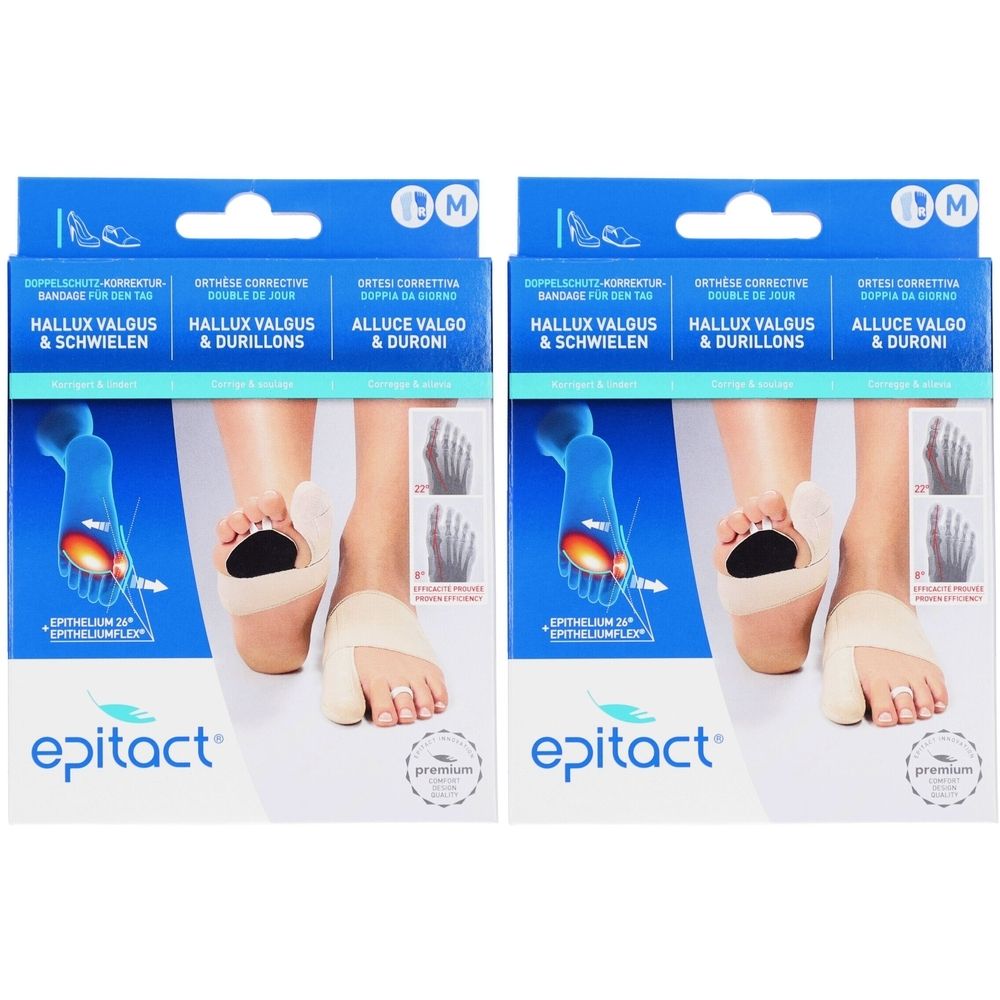 Zwei Epitact Hallux Valgus Bandagen in Verpackung. Blaue Verpackung mit Produktabbildung und Produktnamen in verschiedenen Sprachen.