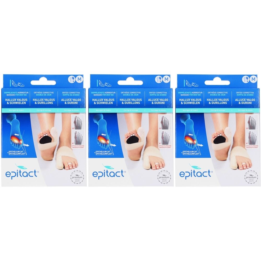 Drei Verpackungen von Epitact® Hallux Valgus Bandage M für den Tag. Blaue und weiße Verpackung mit Produktabbildung und Logo.