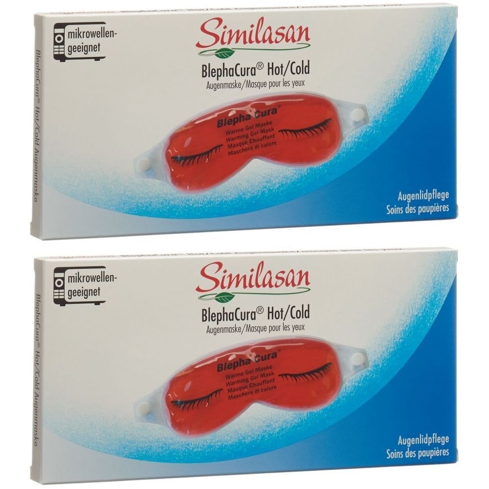 Deux boîtes de masques pour les yeux. Inscription : Similasan BlephaCura Hot/Cold. Convient au micro-ondes. Soins des paupières.