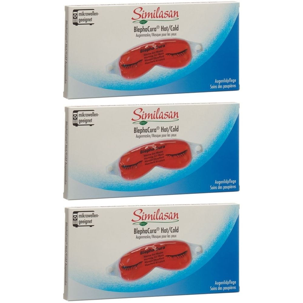 Drei Packungen mit Augenmasken. Auf jeder Packung steht "Similasan BlephaCura Hot/Cold". Die Maske ist rot und hat die Form von geschlossenen Augen.