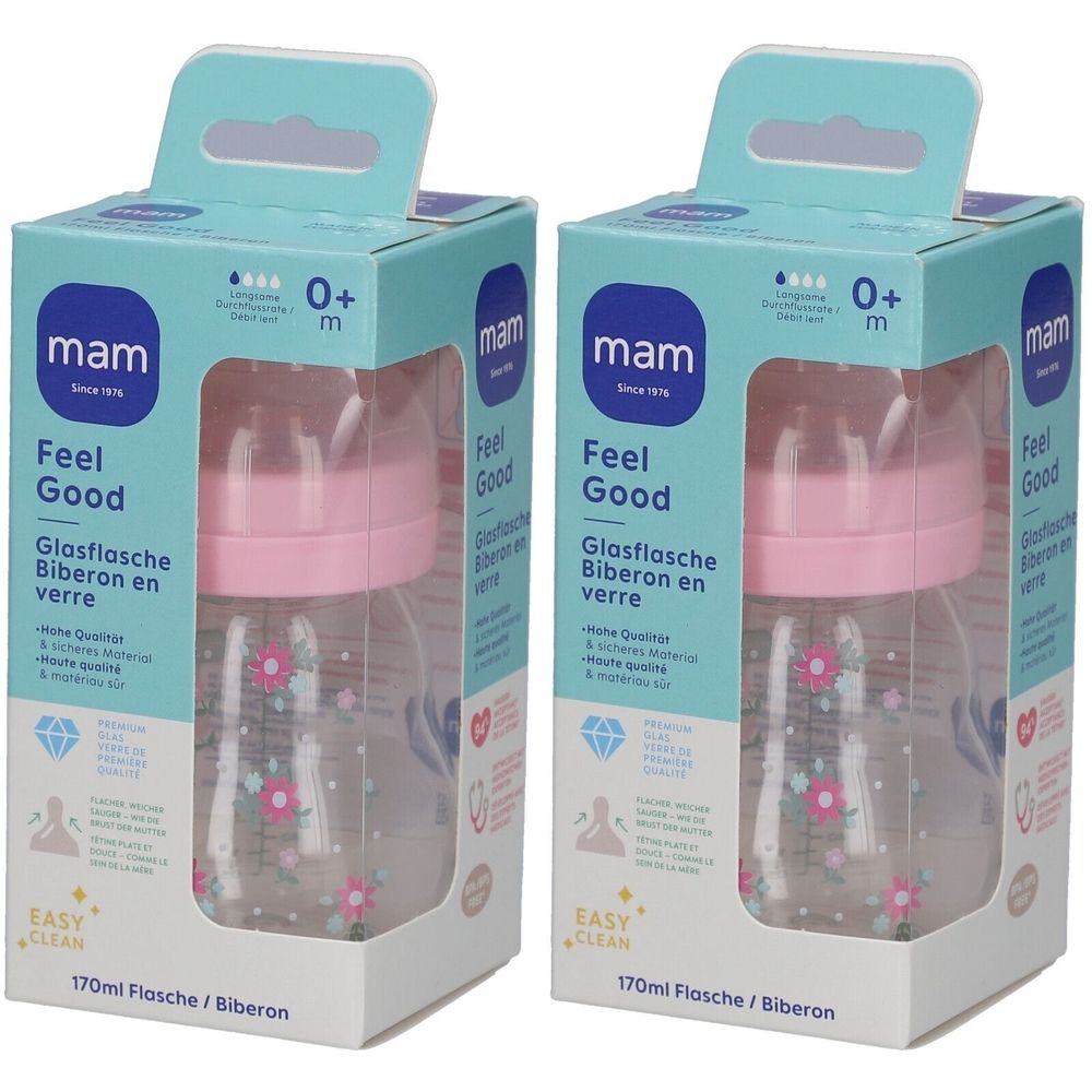 Deux biberons en verre MAM Feel Good dans leur emballage. Tétine rose, bouteille transparente avec motif floral. 0+ m.