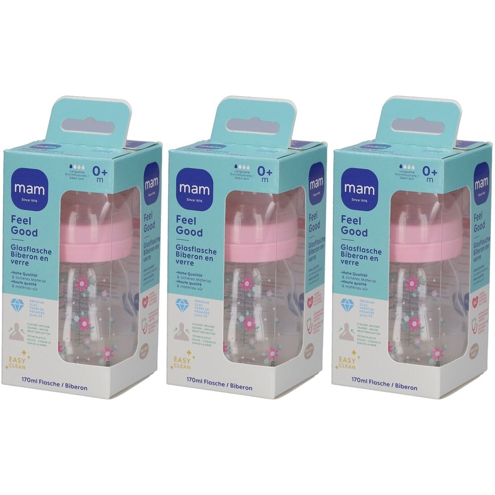 Trois biberons dans des boîtes. Biberons transparents, couvercles roses, motifs floraux. Emballage avec logo.