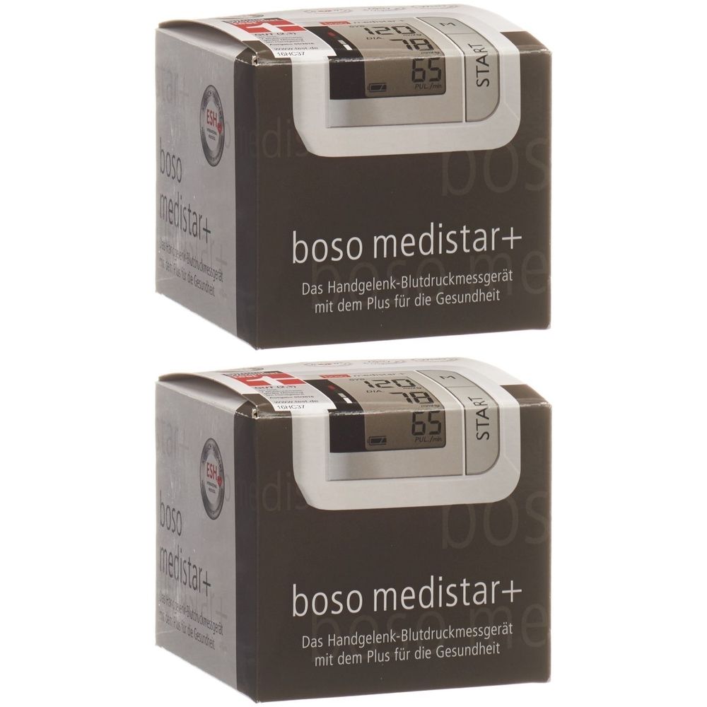 Zwei Packungen Boso medistar+. Aufdruck: Handgelenk-Blutdruckmessgerät. Mit Display und Start-Taste.
