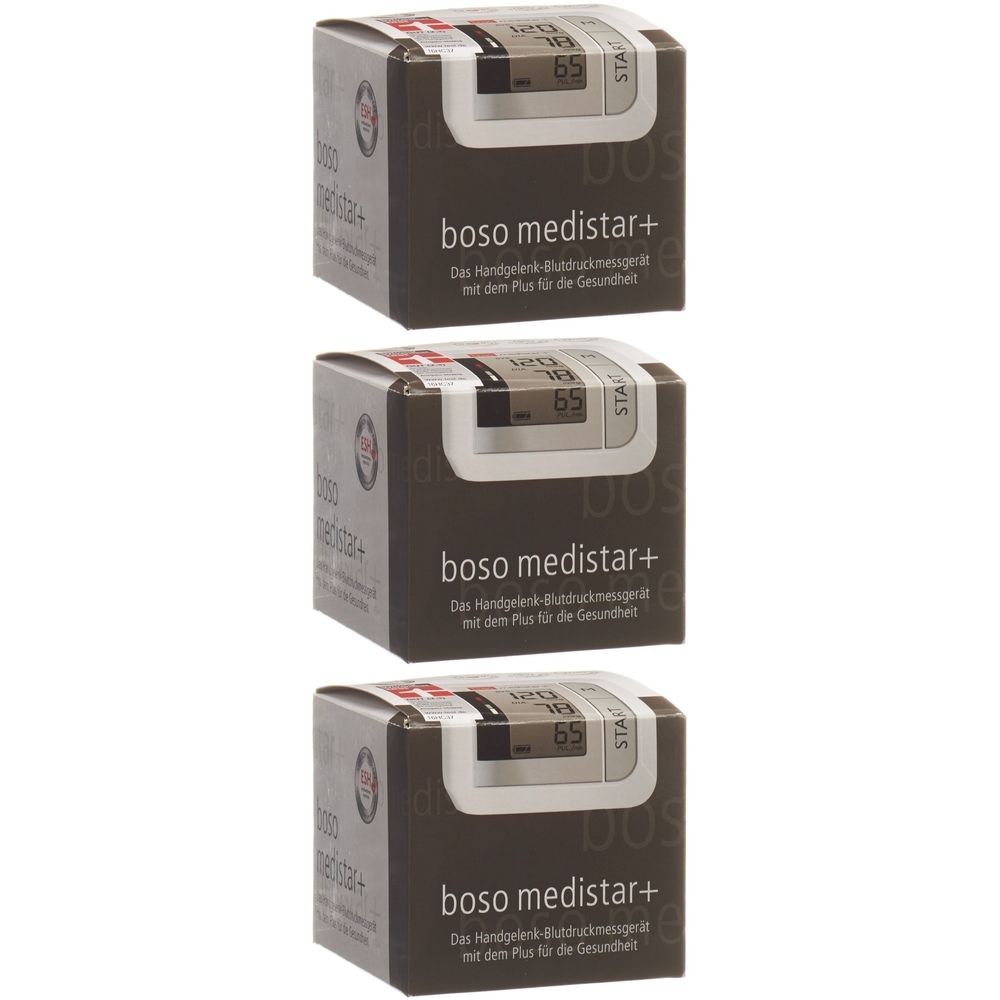 Drei quadratische Verpackungen. Auf jeder steht "boso medistar+" und ein Display mit Zahlen. Text: "Das Handgelenk-Blutdruckmessgerät".