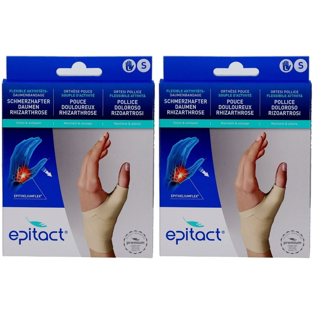 Zwei Packungen Epitact Daumenorthese. Beige Bandage, Größe S, auf blau-weißem Karton. Text: Rhizarthrose, Epitact, Premium.