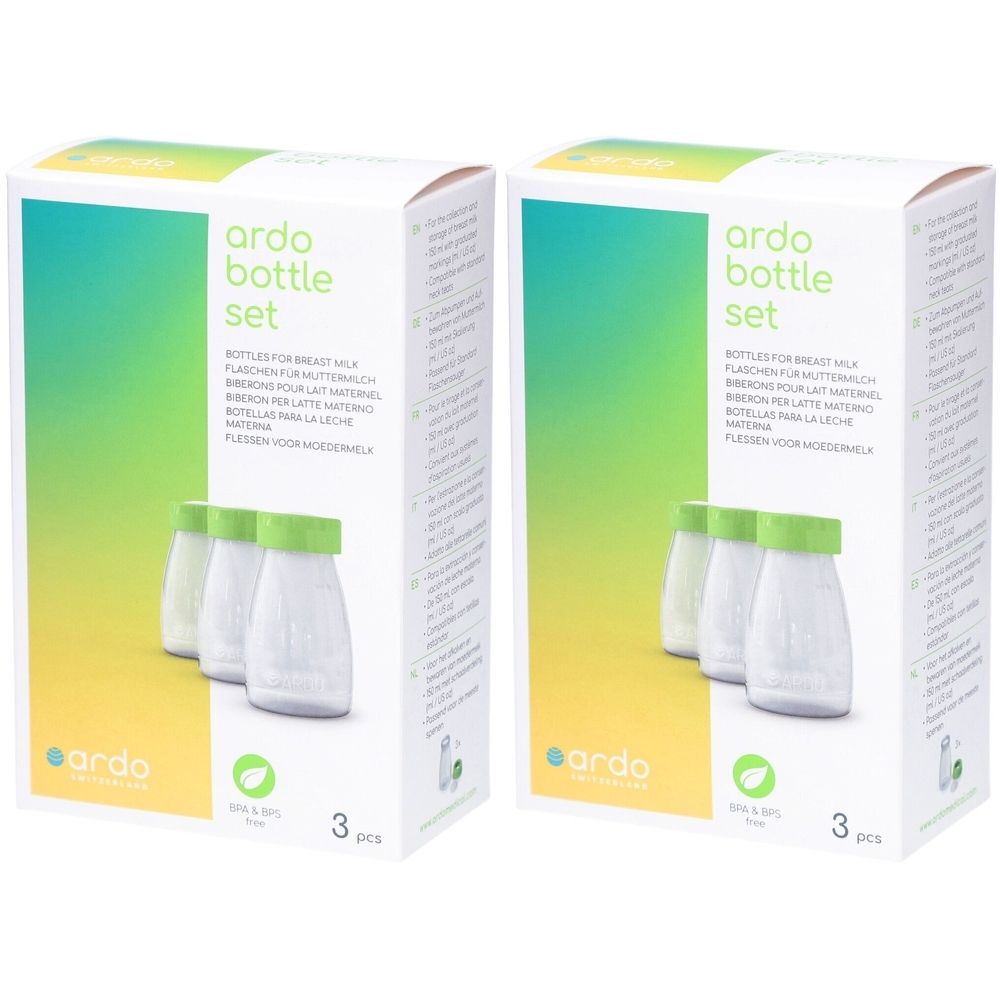 Zwei Kartons mit Ardo Bottle Set. Jede Packung enthält drei Flaschen mit grünen Deckeln. Text: Flaschen für Muttermilch.