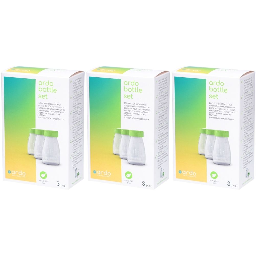 Drei Produktverpackungen. Jede Box zeigt Flaschen mit grünen Deckeln. Aufdruck: ardo bottle set. 3 Stück.