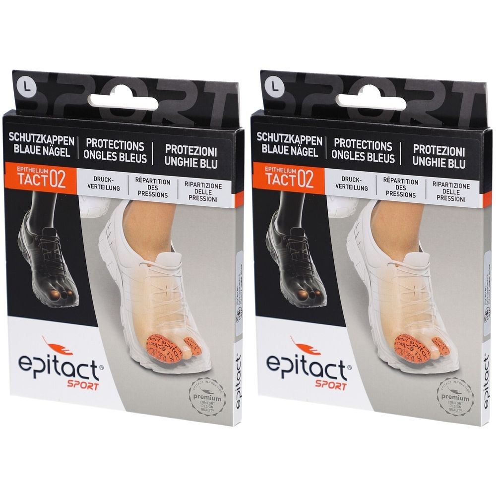 Zwei Packungen Epitact Sport Tact 02. Schwarze und weiße Verpackung mit Produktabbildung. Text: Schutz, blaue Nägel, Tact 02, Epitact Sport.
