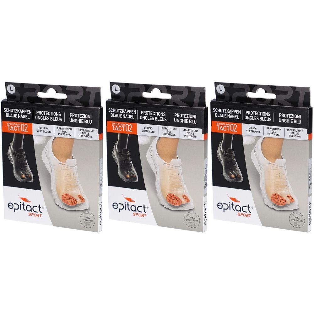 Drei Produktverpackungen. Auf jeder Verpackung ist ein Fuß mit einem Schutz für die Zehennägel abgebildet. Der Markenname ist Epitact.