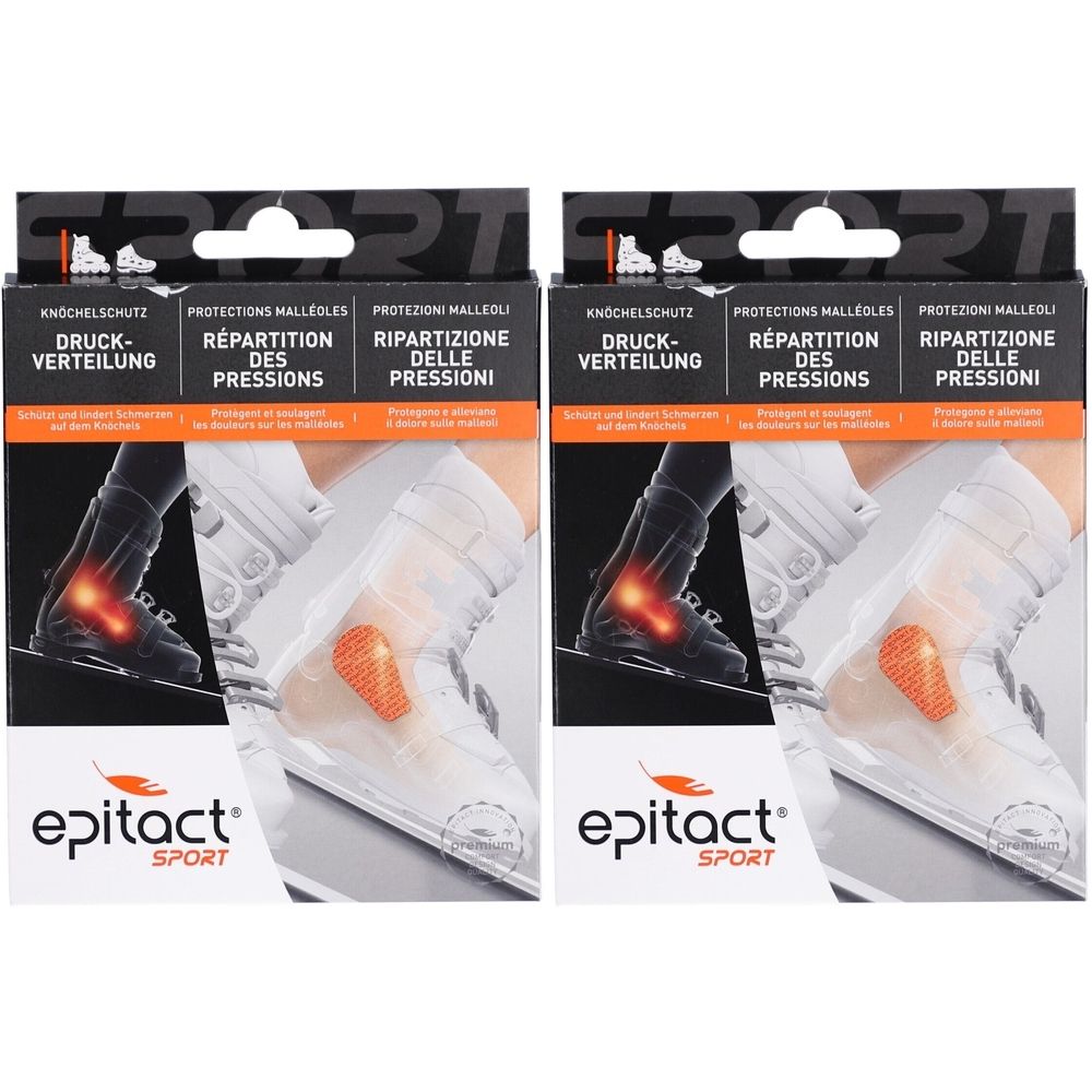 Zwei Packungen Knöchelschutz. Schwarze Verpackung mit Produktabbildung und Text. Marke: Epitact Sport. Mehrsprachige Produktbezeichnungen.