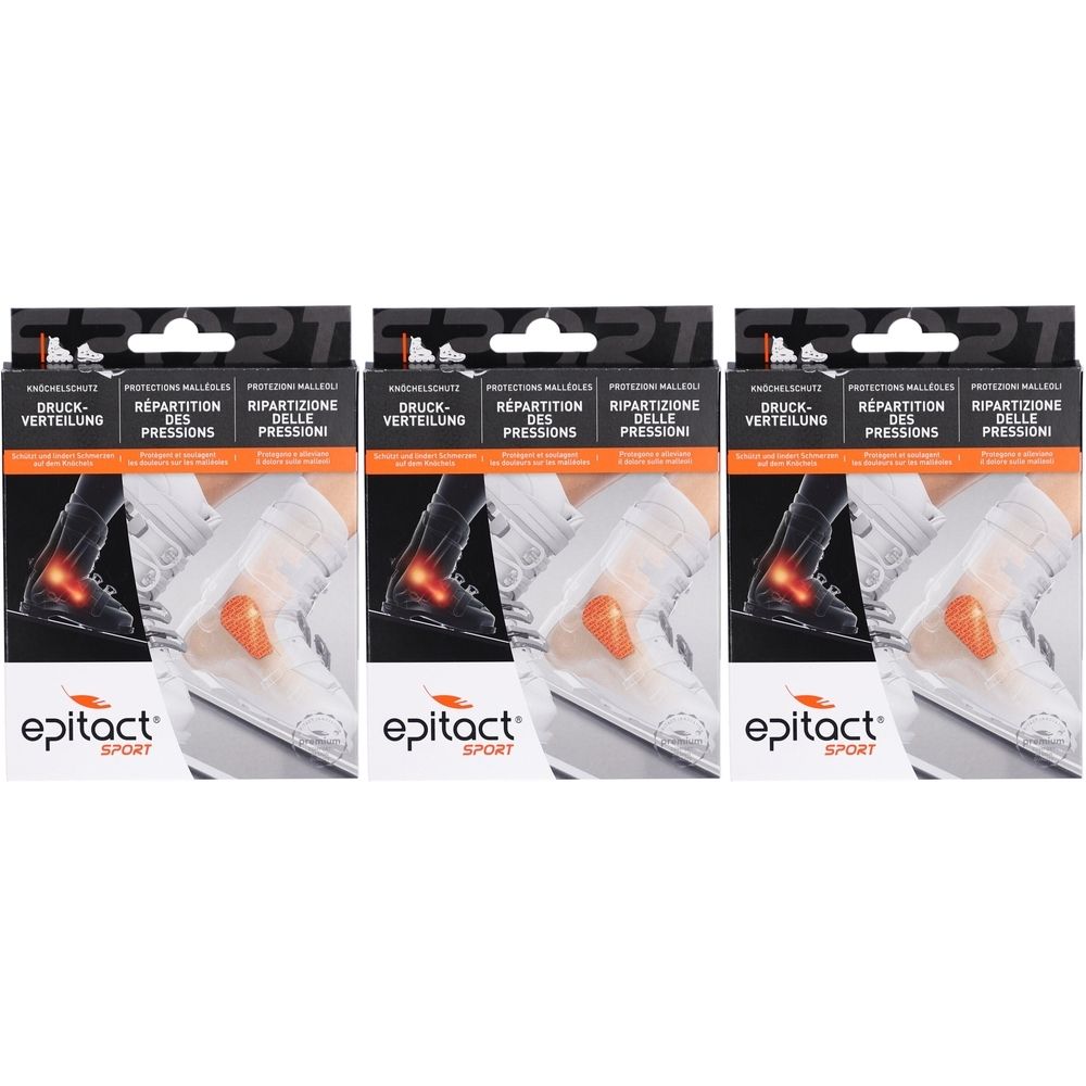 Drei Produktverpackungen nebeneinander. Schwarze und orangefarbene Schachteln mit Produktabbildung und Text. Aufschrift: Epitact Sport.