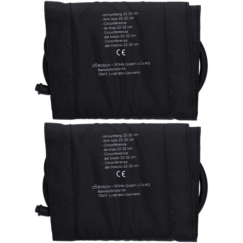 Zwei schwarze Manschetten. Aufschrift: Armumfang 22-32 cm, CE-Zeichen, BOSCH-SOHN GmbH u. Co. KG. Größe 22-32 cm.