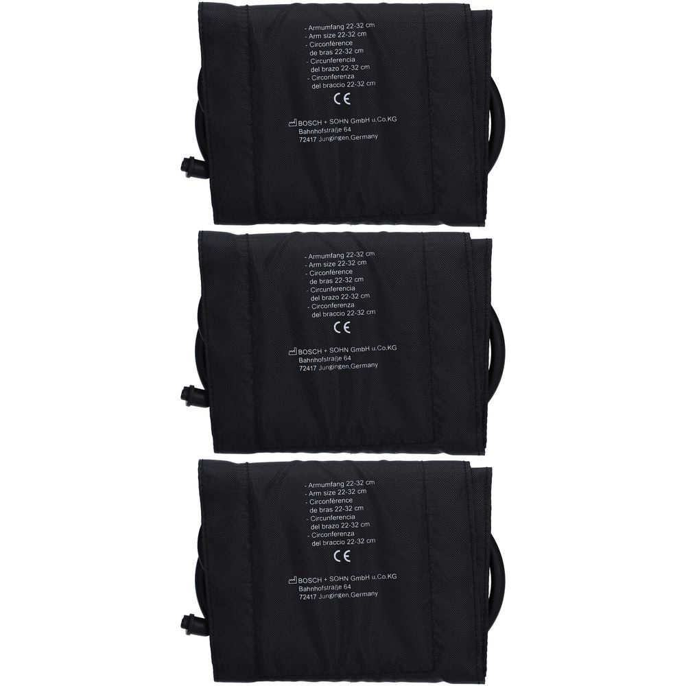 Drei schwarze Manschetten. Auf jeder Manschette sind Informationen zu Umfang und Größe aufgedruckt. CE-Kennzeichnung.