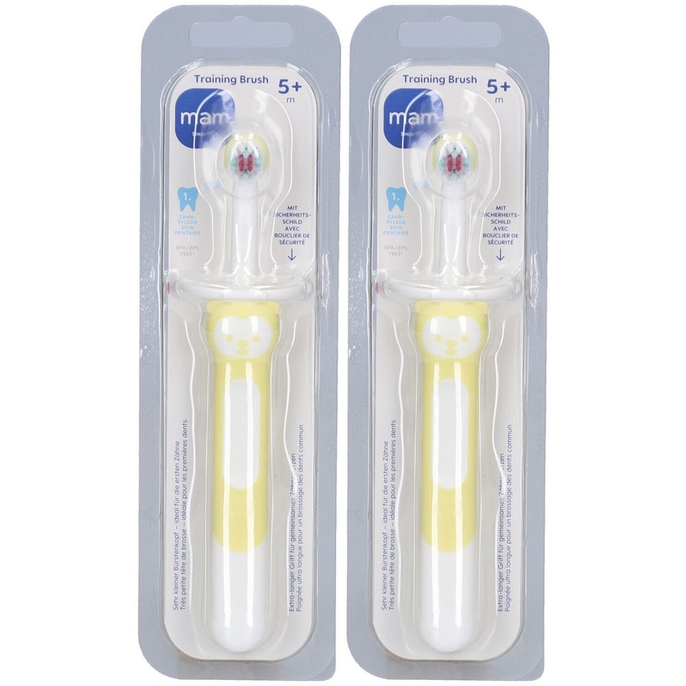 Deux brosses à dents dans un emballage. Manches jaunes et blancs, emballage bleu avec logo et texte. Pour enfants de 5 ans et plus.