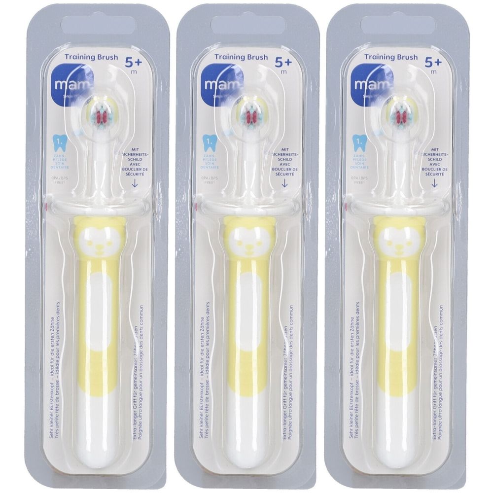 Trois brosses à dents emballées. Manches jaunes et blancs, emballage bleu. Inscription : mam, Training Brush 5+.