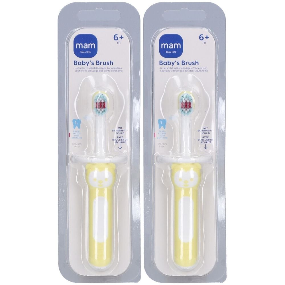 Deux brosses à dents pour bébés en blister. Manche jaune, poils rouges et bleus. Recommandé pour les 6+ mois.