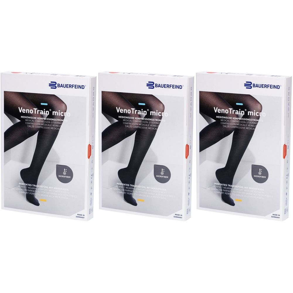 Drei Verpackungen Kompressionsstrümpfe. Auf jeder Verpackung ist ein Bein abgebildet. Marke: BAUERFEIND, Produktname: VenoTrain micro.