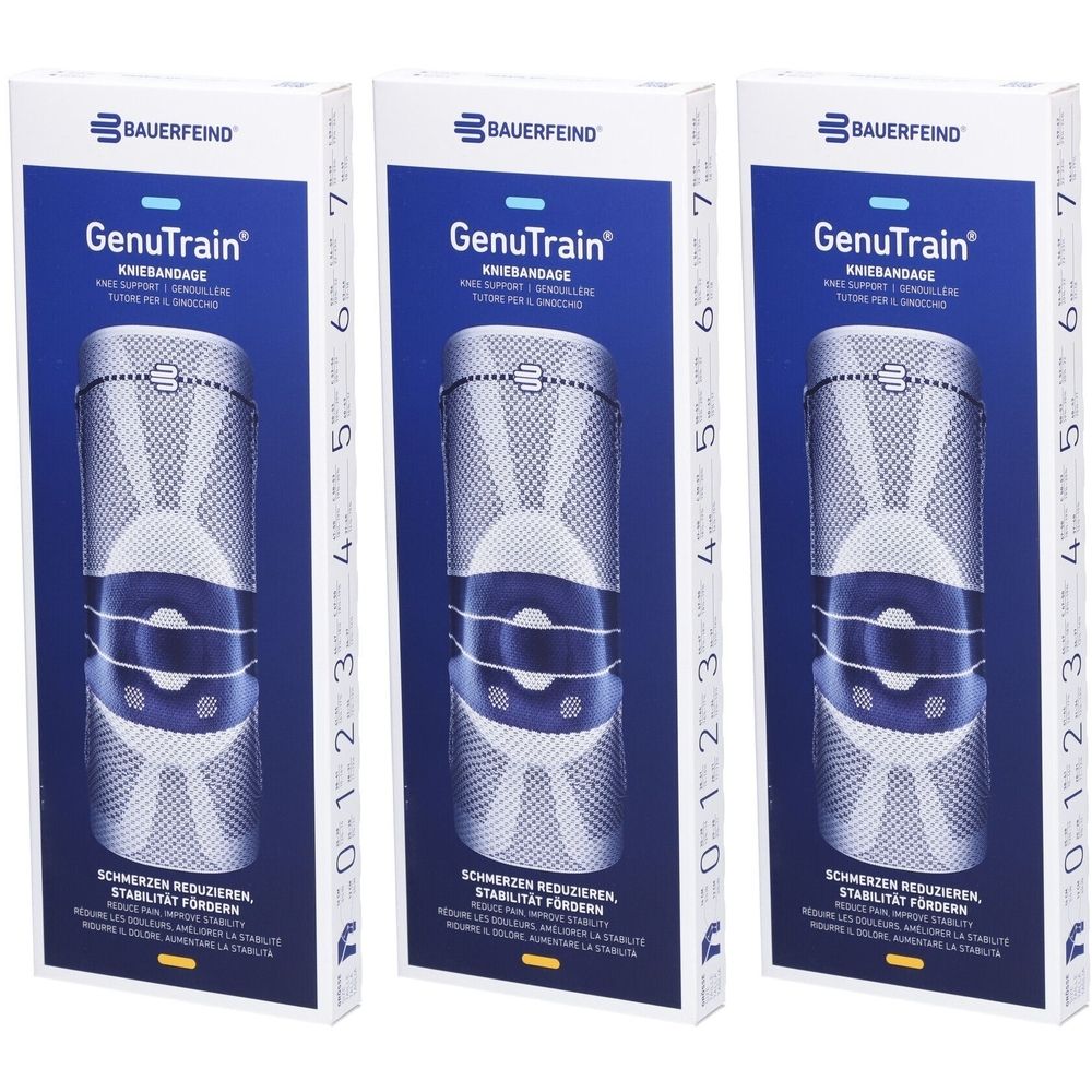 Drei Verpackungen der Kniebandage GenuTrain von Bauerfeind. Die Bandage ist in der Verpackung sichtbar. Blaue und weiße Farben.