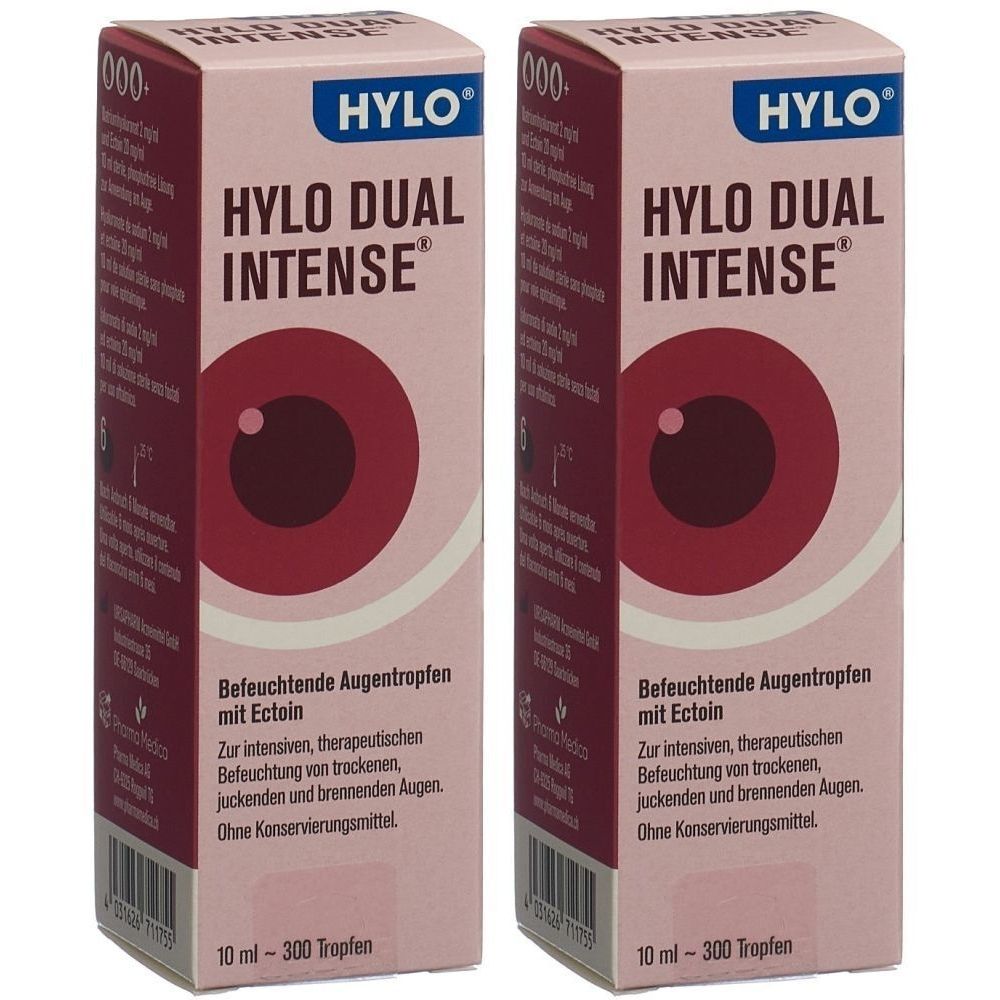 Zwei rechteckige Faltschachteln. Aufdruck: HYLO DUAL INTENSE, Augen-Symbol, Text. 10 ml - 300 Tropfen. Ohne Konservierungsmittel.