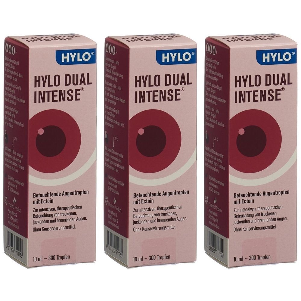Trois boîtes de gouttes oculaires HYLO DUAL INTENSE. Emballage rose avec un design d'œil rouge. Texte : Befeuchtende Augentropfen mit Ectoin.
