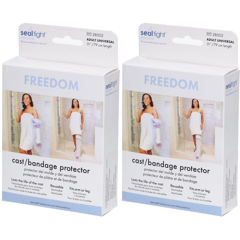 Zwei weiße Kartons mit Produktabbildung. Aufschrift FREEDOM und cast/bandage protector. Für Arm oder Bein.