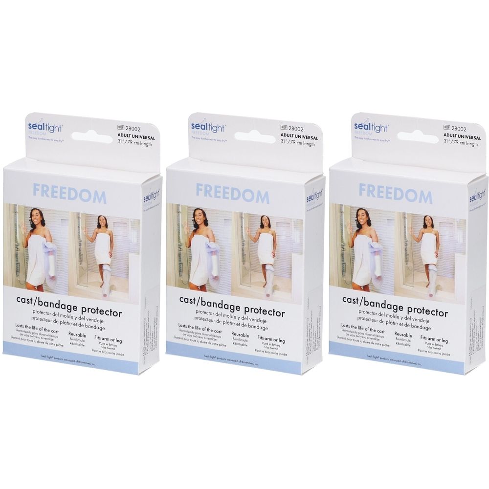 Drei Produktverpackungen. Aufschrift FREEDOM und cast/bandage protector. Marke sealight. Abbildung einer Person mit Beinverband.