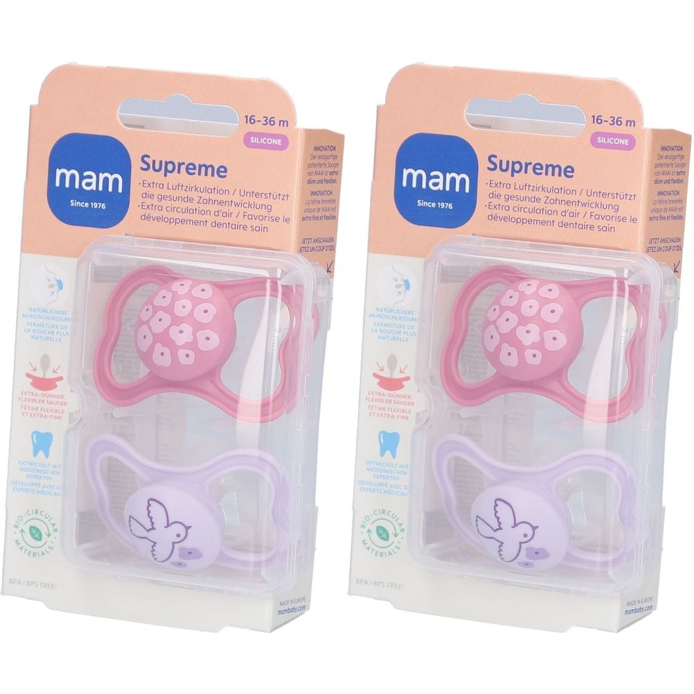 Zwei Schnuller in Verpackung. Rosa und lila Silikon. Aufschrift: mam Supreme, 16-36 m. Mit Vogel- und Blumenmuster.