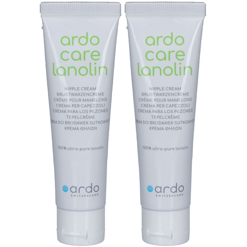 Zwei Tuben Brustwarzencreme. Weiß, mit grünem Schriftzug "ardo care lanolin". Mehrsprachige Produktbezeichnungen. Marke: ardo.