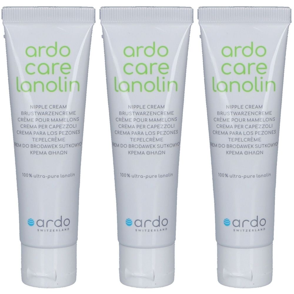 Drei Tuben Brustwarzencreme. Weiß, mit grünem Schriftzug. Aufschrift: Ardo Care Lanolin, Nipple Cream. 100% reines Lanolin.
