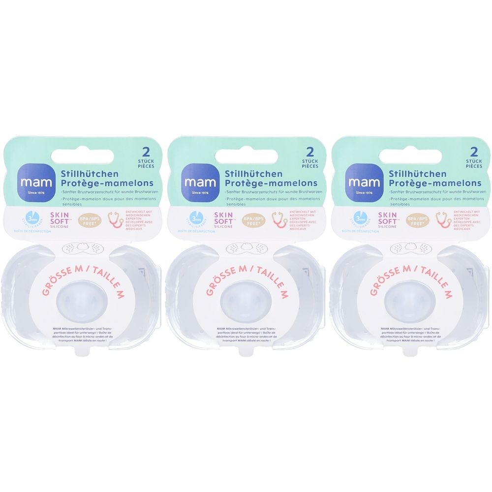 Drei Packungen Stillhütchen, Marke mam, Größe M. Jede Packung enthält zwei Stück. Verpackung mit Produktinformationen.