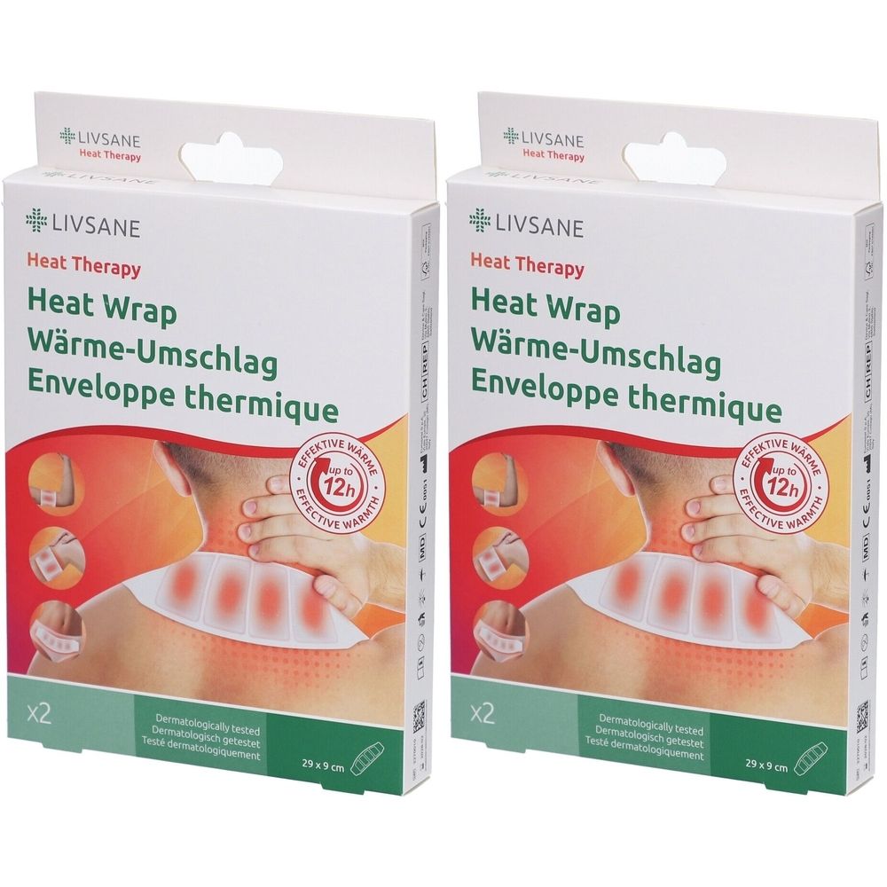 Zwei Kartons mit Wärme-Umschlägen. Aufdruck: Heat Therapy, Livsane. Gezeigt wird ein Umschlag am Hals. Verpackung mit Aufhängevorrichtung.