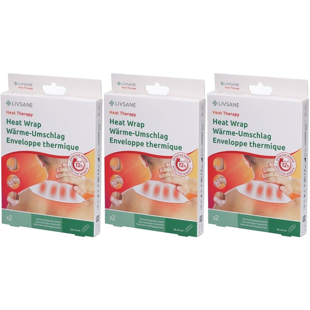 Drei Kartons mit "Livsane Wärme-Umschlag". Aufdrucke: Heat Wrap, Wärme-Umschlag, Enveloppe thermique. Abbildung eines Rückens mit Wärmepflaster.