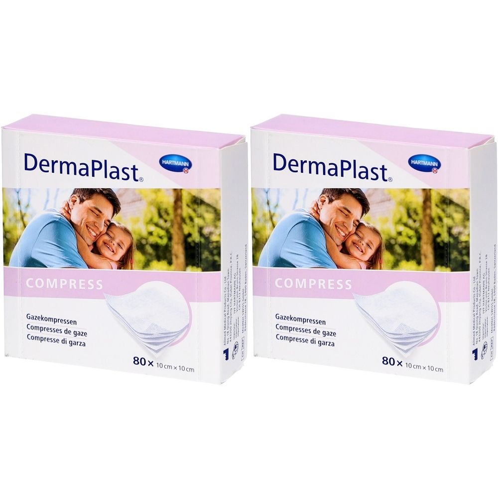 Deux boîtes de compresses DermaPlast. Chaque boîte contient 80 compresses de 10 x 10 cm. Inscription: COMPRESS, Gazkompressen, Compresses de gaze, Compresse di garza.
