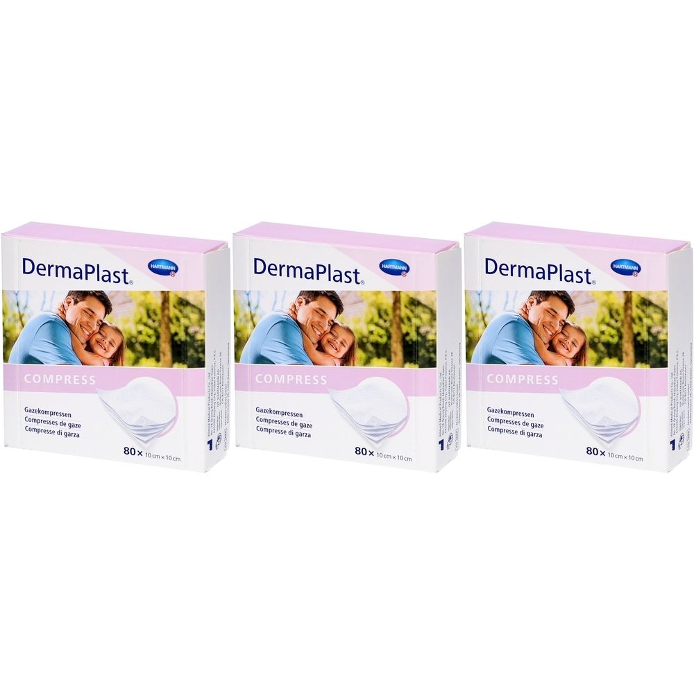 Trois boîtes de DermaPlast Compress. Chaque boîte présente une photo d'un père et d'un enfant. Inscription : Compress, 80 pièces, 10 x 10 cm.