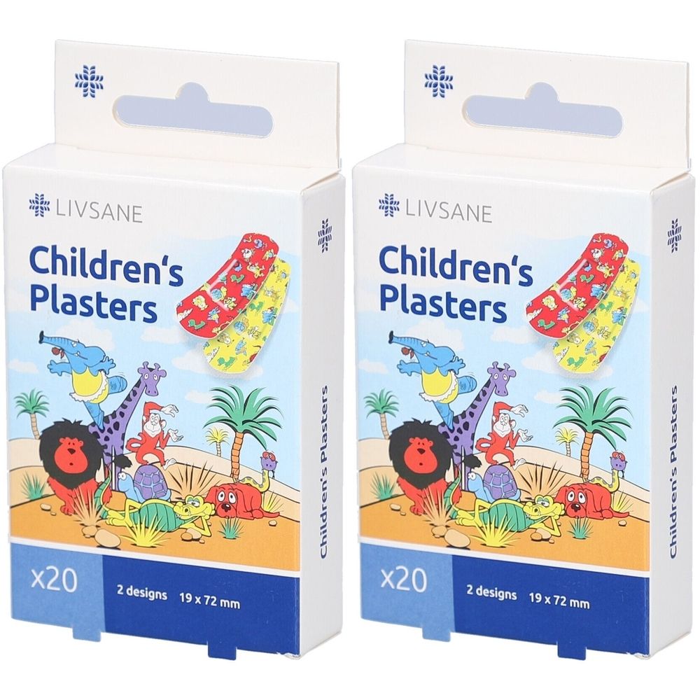 Zwei Packungen LIVSANE Kinderpflaster. Aufdruck: Kinderpflaster, x20, 2 Designs, 19 x 72 mm. Illustrationen von Tieren und Palmen.