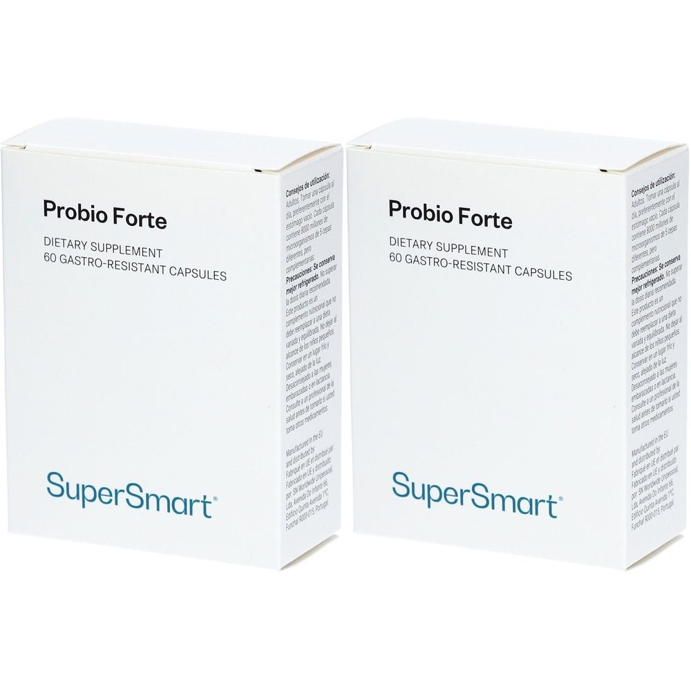 Deux boîtes blanches avec "Probio Forte", "Dietary Supplement" et "60 gastro-resistant capsules". En dessous, "SuperSmart".