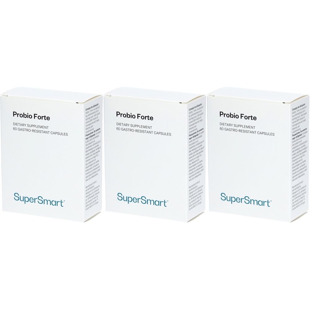 Trois boîtes blanches avec "Probio Forte" et "SuperSmart". Texte : "Dietary Supplement 60 gastro-resistant capsules".