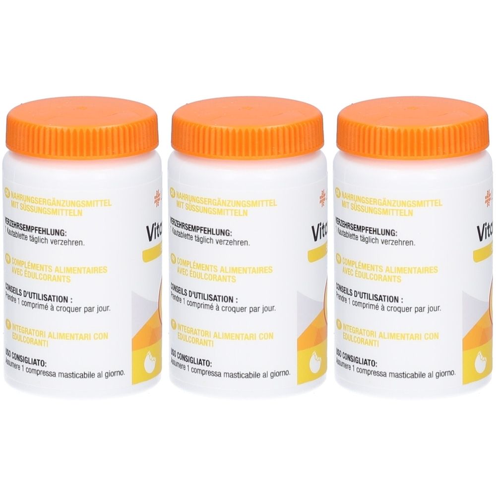 Drei weiße Pillendosen mit orangefarbenen Deckeln. Aufschrift: Nahrungsergänzungsmittel. Gelbe und orangefarbene Etiketten.